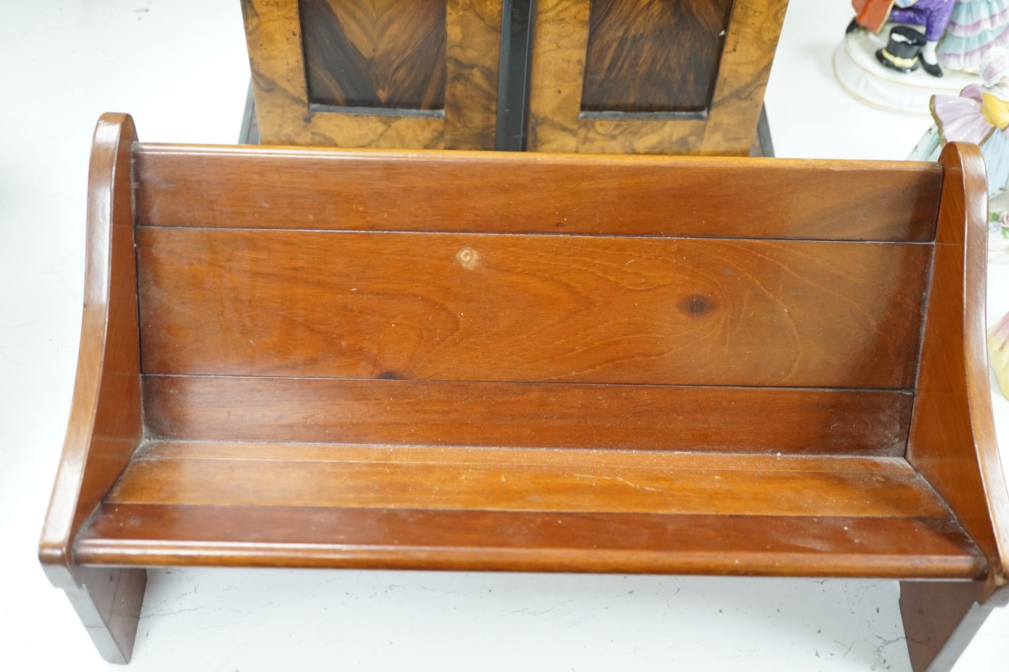 A Victorian walnut collector’s cabinet of drawers and adjustable book trough made out of ‘mahogany from the popular pleasure steamer “La Marguerite” dismantled 1926’